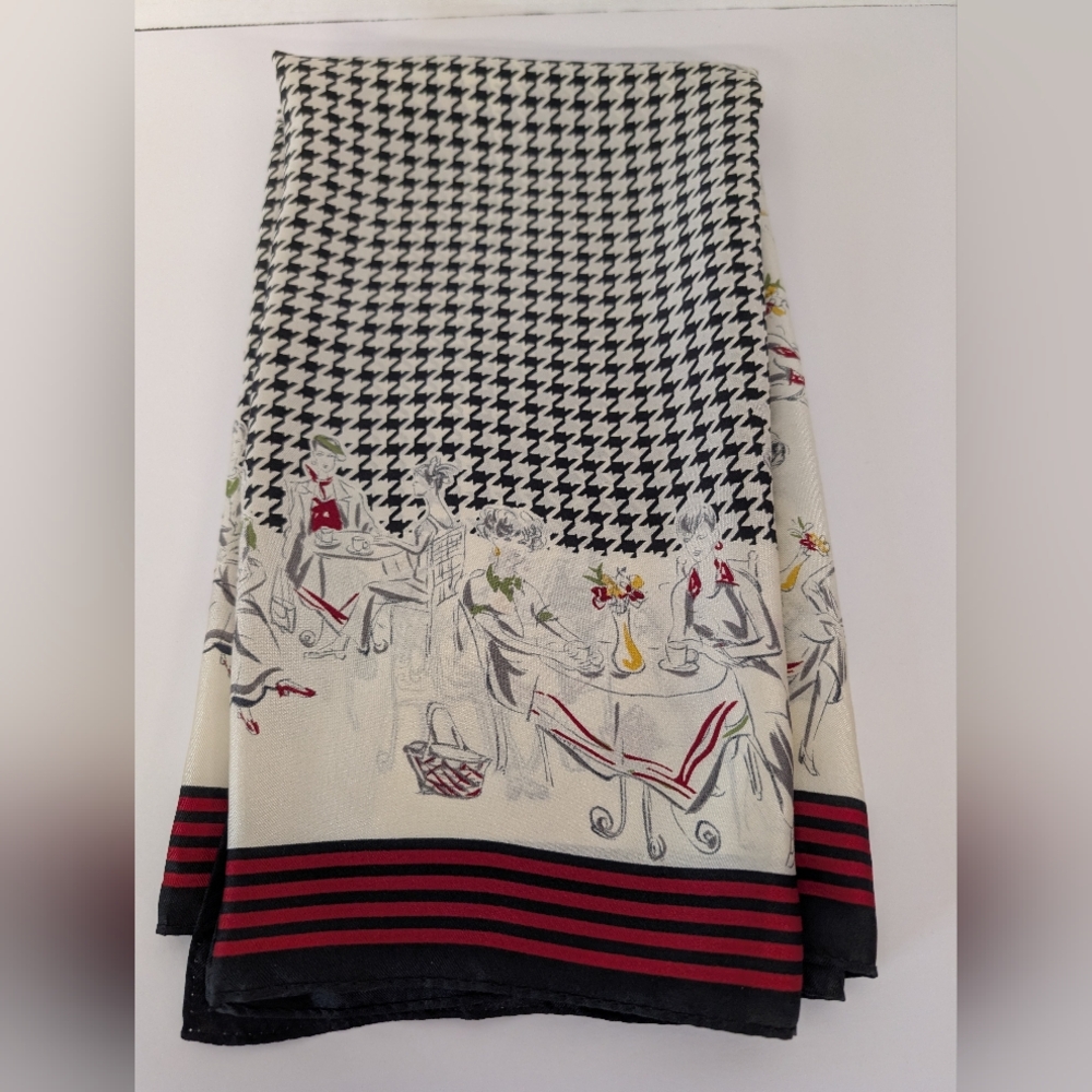 Scarf Black White Houndstooth Silk Scarf with Red Accents "Ladies That Lunch"